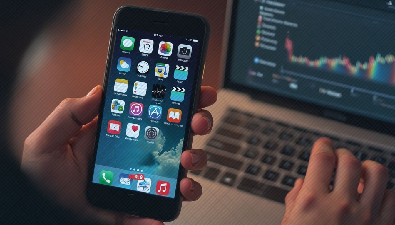 A developer working on an iPhone app with AI visualization in background